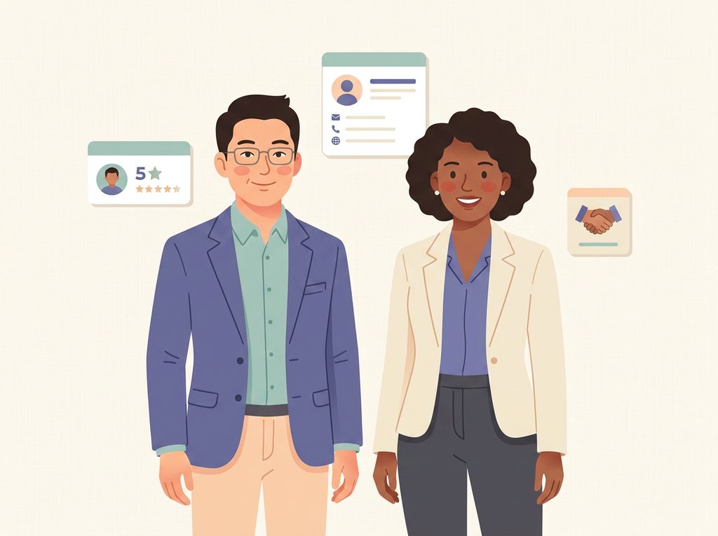 Illustration of a friendly financial advisor shaking hands with a client across a small table, surrounded by floating profile cards with star ratings and specialty badges.