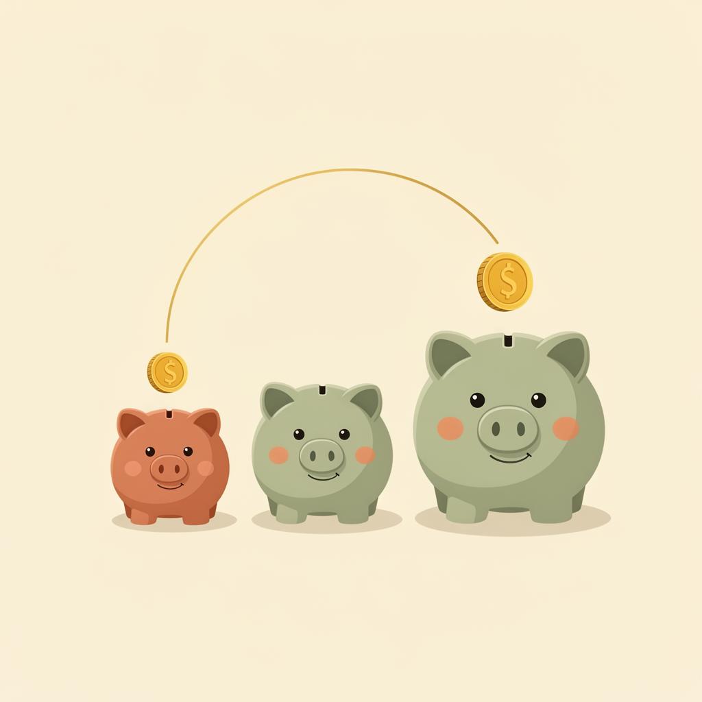 Illustration of a family of four around a glowing table, each with their own colored wallet and golden coins flowing between them.