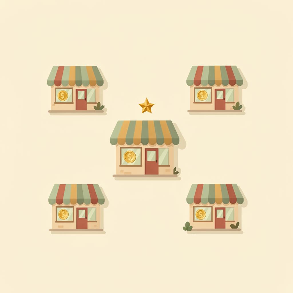 Illustration of a soft grid of pastel merchant tiles with a magnifying glass and a golden bookmark star highlighting favorites.