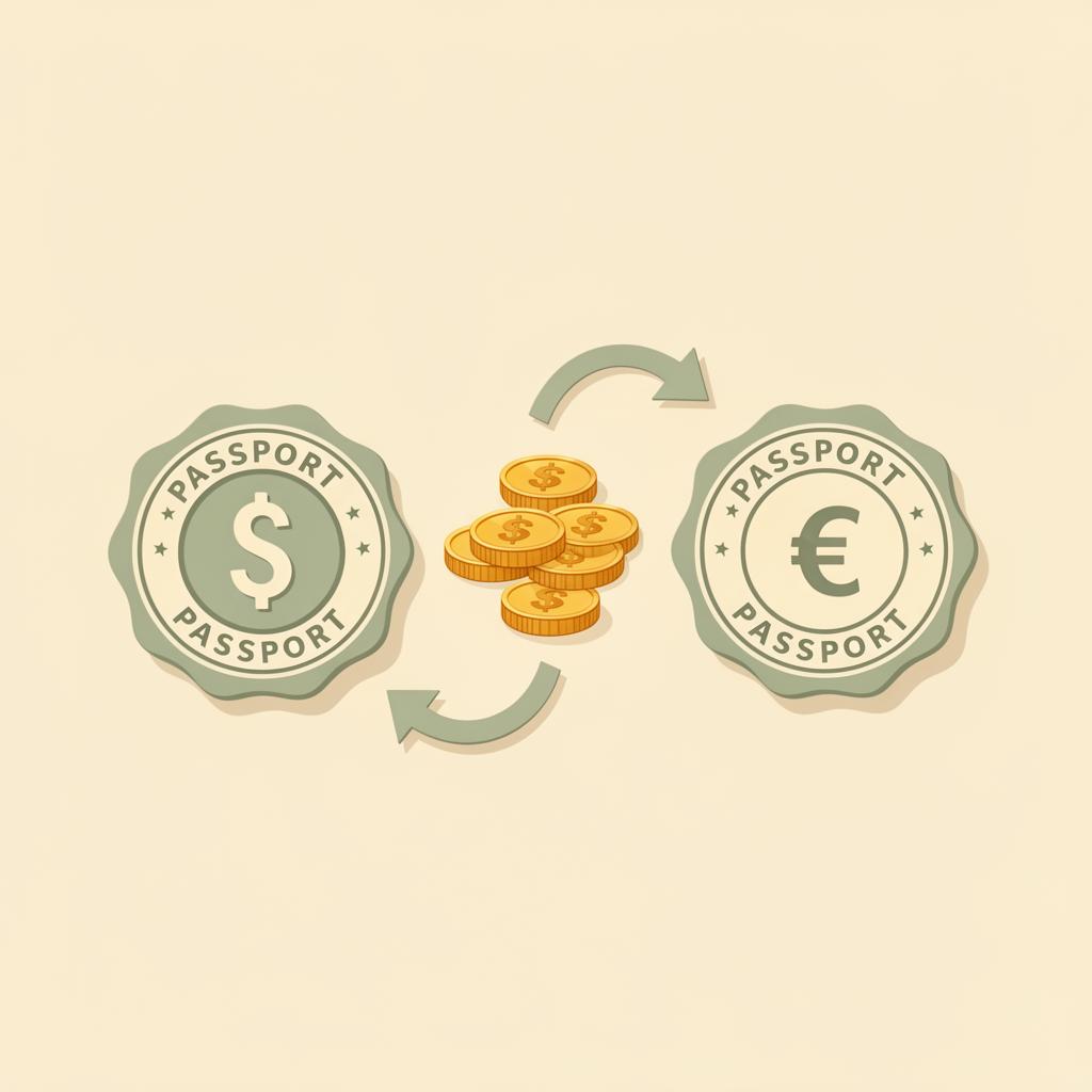 Illustration of a dollar stamp and a peso stamp connected by a glowing arc of golden coins above a small globe.
