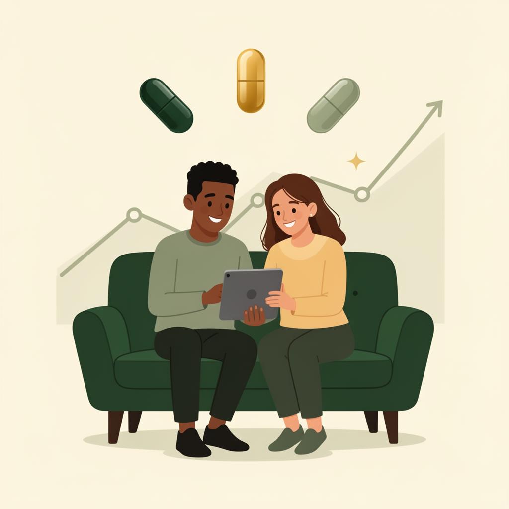 Illustration of a couple on a sofa reviewing their shared household budget together on a tablet.